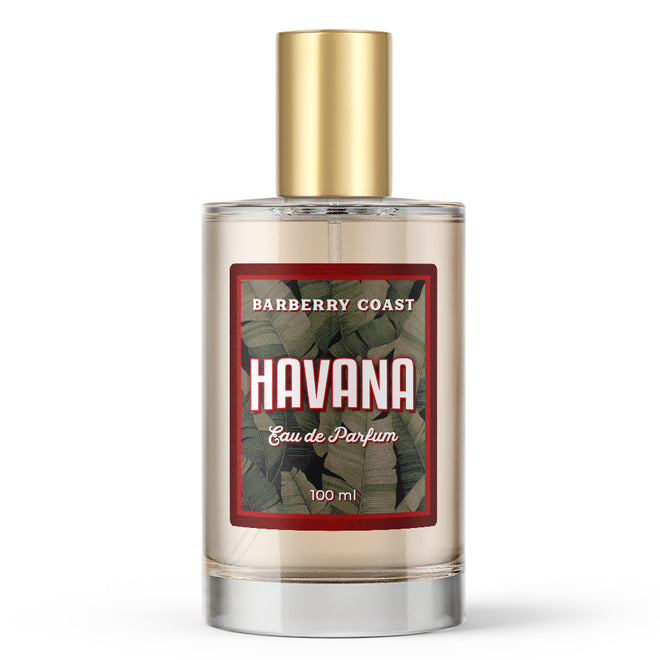 Bottle of Havana Eau de Parfum Cologne - 4 ounce size with a gold sprayer atomizer cap - by Barberry Coast