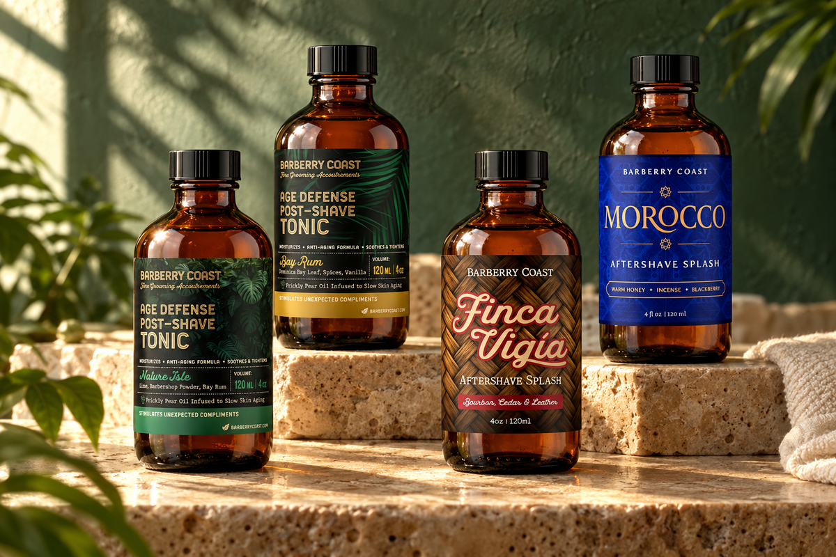 Barberry Coast 4 oz aftershave splashes and post-shave tonics on a warm stone counter