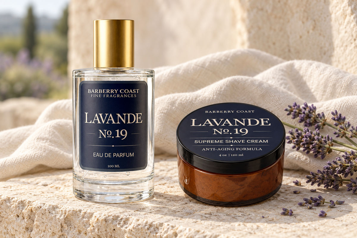 Lavande No. 19 Eau de Parfum and Supreme Shave Cream together on limestone