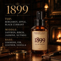 Barberry Coast 1899 Eau de Parfum cologne bottle in a warm vintage study with fireplace, leather desk accessories, and enlarged scent profile text. Scent notes shown: top notes of bergamot, apple, and black currant; middle notes of saffron, birch, jasmine, and nutmeg; base notes of oakmoss, fir, leather, and vanilla.