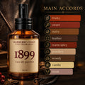 Barberry Coast 1899 Eau de Parfum cologne bottle in a warm, dark fragrance scene with main accords listed beside it. Main accords shown: fruity, sweet, nutty, leather, warm spicy, powdery, woody, vanilla, and musk.