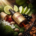 Bottle of 1899 eau de parfum surrounded by natural elements like bergamot, saffron, birch shavings, jasmine flowers, juniper berries, leather, vanilla pods, oakmoss, apples, and nuts.