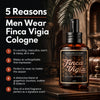 5 reasons men wear Finca Vigia eau de parfum cologne.Barberry Coast Finca Vigía Eau de Parfum cologne bottle in a warm, old-world tropical lounge setting with five reasons men wear the fragrance, including its masculine warmth, lasting impression, year-round wearability, and notes of grapefruit, bourbon, leather, and tobacco.