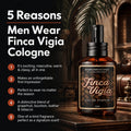 5 reasons men wear Finca Vigia eau de parfum cologne.Barberry Coast Finca Vigía Eau de Parfum cologne bottle in a warm, old-world tropical lounge setting with five reasons men wear the fragrance, including its masculine warmth, lasting impression, year-round wearability, and notes of grapefruit, bourbon, leather, and tobacco.