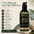 MX7 Vital Complex Moisturizer beside a list of seven ocean-sourced ingredients—Iceland Moss, Irish Moss, Bladderwrack, Laminaria Digitata, Giant Kelp, Plankton Extract, and Spirulina Maxima—highlighting benefits for hydration, soothing, antioxidant protection, elasticity, and healthy-looking skin.