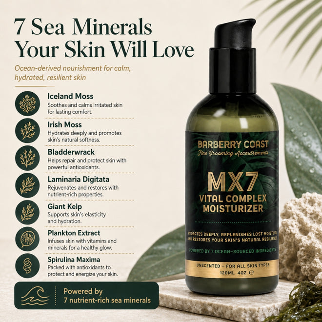 MX7 Vital Complex Moisturizer beside a list of seven ocean-sourced ingredients—Iceland Moss, Irish Moss, Bladderwrack, Laminaria Digitata, Giant Kelp, Plankton Extract, and Spirulina Maxima—highlighting benefits for hydration, soothing, antioxidant protection, elasticity, and healthy-looking skin.