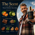 A man in a plaid shirt holds up a bottle of American Reserve 250 Eau de Parfum against a cloudy sky background. The left side features a dark navy graphic detailing the fragrance's scent notes: Mandarin Orange, Bergamot, Leather, and Coriander.