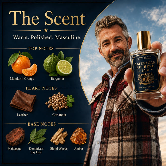 A man in a plaid shirt holds up a bottle of American Reserve 250 Eau de Parfum against a cloudy sky background. The left side features a dark navy graphic detailing the fragrance's scent notes: Mandarin Orange, Bergamot, Leather, and Coriander.