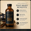 A bottle of Barberry Coast American Reserve 250 aftershave splash stands on a wooden surface beside a compass, with text callouts listing post-shave benefits on a parchment-style background.