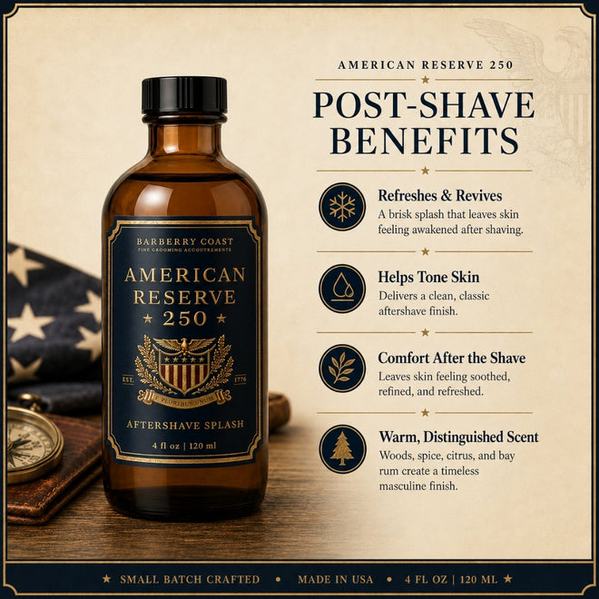 A bottle of Barberry Coast American Reserve 250 aftershave splash stands on a wooden surface beside a compass, with text callouts listing post-shave benefits on a parchment-style background.