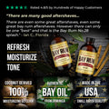 Bay Rum Aftershave Splash, Balm/Lotion, Shave Soap, Exfoliating Scub, Double Edge Safety Razor, Shaving Brush Photo with Refresh, Moisturize and Tone text. 100% Coconut Derived Moisturizing Glycerin, Authentic Bay Oil (Pimenta Racemosa) from Dominica, Made in the USA - Small Batch Quality.