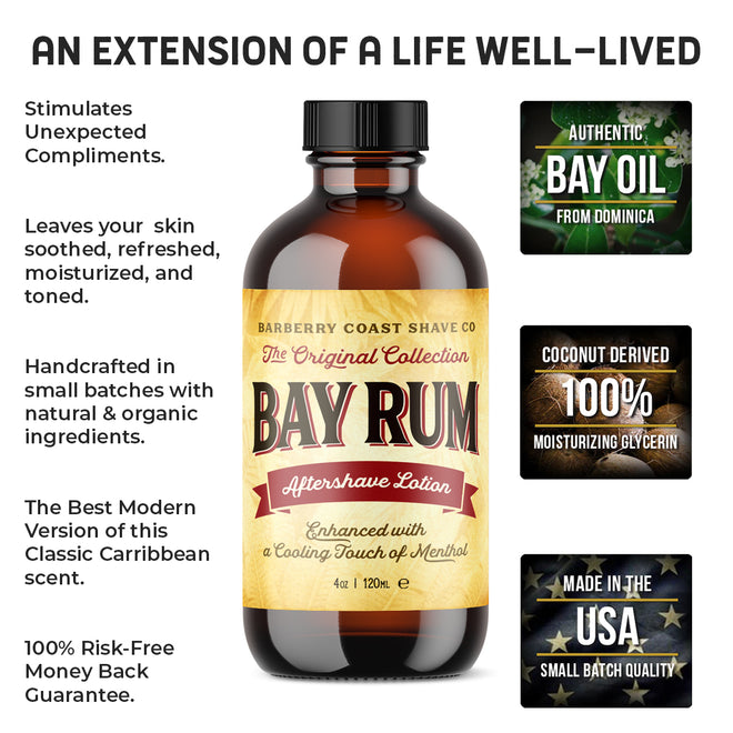 Bay Rum Aftershave Lotion Balm by Barberry Coast. Image is a bottles of Bay Rum with Unique Selling Points. Bay oil from Dominica, coconut derived glycerin, made in the usa, 100% risk free money back guarantee, handcrafted in small batches with natural and organic ingredients.