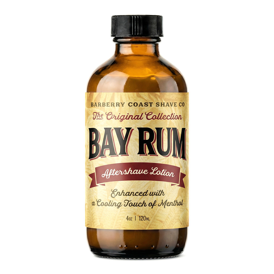 Bottle of Bay Rum aftershave lotion with a yellow label on a white background