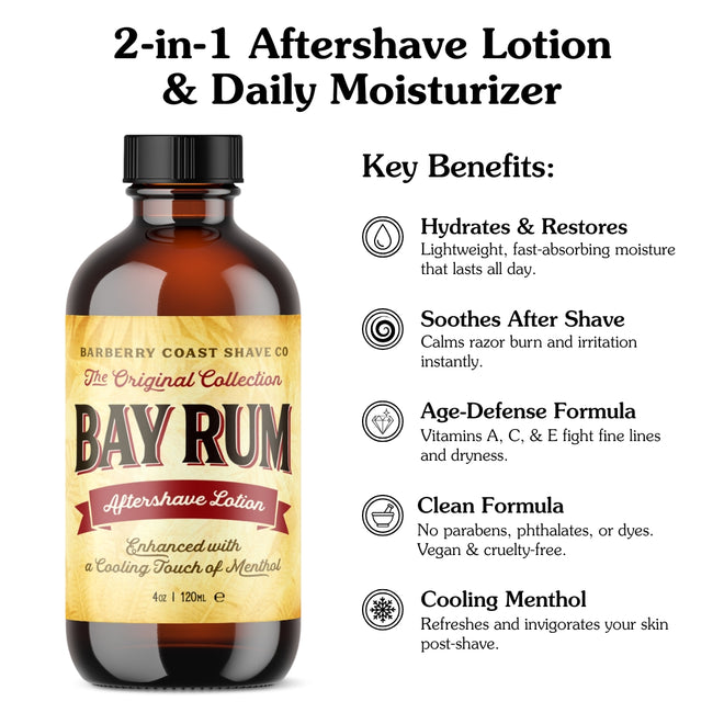 Bay Rum Aftershave Balm Lotion with Authentic Dominica Bay Leaf Oil (Pimenta Racemosa). Enhanced with a cooling touch of menthol. Standard 4oz amber bottle with reducer on a white background with a list of key benefits