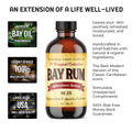 Bay Rum Aftershave Splash No. 28 by Barberry Coast. Amber colored 4 ounce bottle on white background with title of An Extension of a Life Well-Lived and unique selling points bulleted.