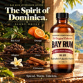Barberry Coast Bay Rum No. 28 Aftershave Splash in an amber bottle on a Caribbean veranda, with illustrated scent notes of bay leaf, allspice, clove, orange, vanilla and cinnamon.