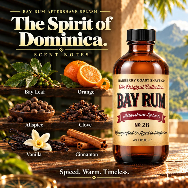 Barberry Coast Bay Rum No. 28 Aftershave Splash in an amber bottle on a Caribbean veranda, with illustrated scent notes of bay leaf, allspice, clove, orange, vanilla and cinnamon.