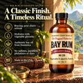 Barberry Coast Bay Rum No. 28 Aftershave Splash in an amber bottle on a sunlit Caribbean veranda, with icons highlighting refreshing post-shave care, glycerin hydration, authentic Dominica bay oil and USA craftsmanship.