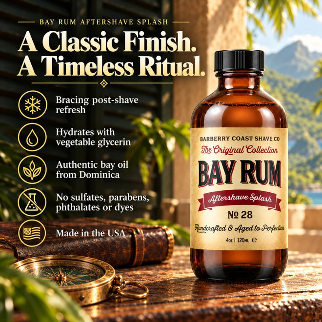 Barberry Coast Bay Rum No. 28 Aftershave Splash in an amber bottle on a sunlit Caribbean veranda, with icons highlighting refreshing post-shave care, glycerin hydration, authentic Dominica bay oil and USA craftsmanship.