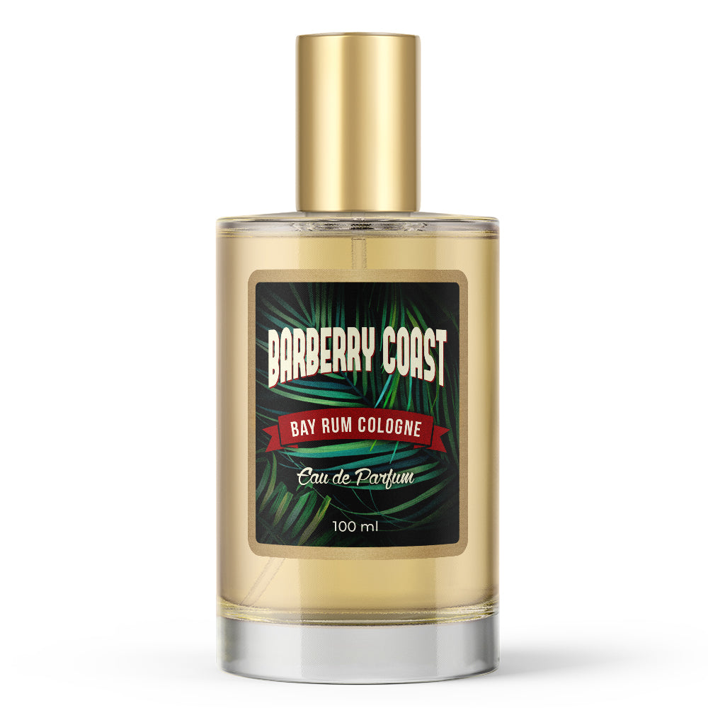 Bay Rum Eau de Parfum Cologne (EDP). Handcrafted with Authentic Dominica Bay Leaf Oil (Pimenta Racemosa). Large 4oz clear bottle with gold cap.