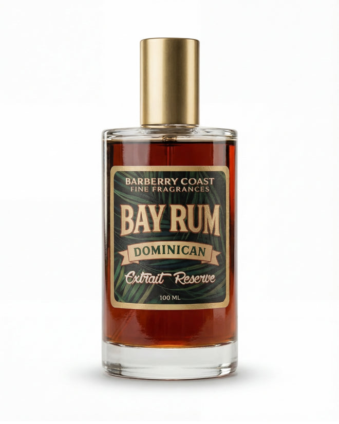 A bottle of Bay Rum Dominican Extrait Reserve by Barberry Coast Fine Fragrances, with top notes of citrus and fresh spice, middle notes of Dominican bay leaf, and base notes of tonka bean, musk, and warm spice.