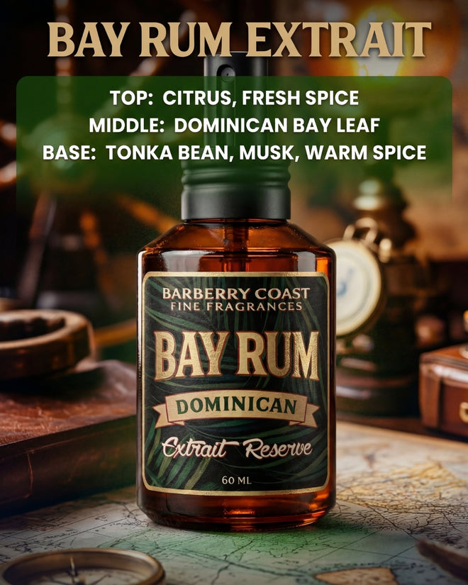 Barberry Coast Bay Rum Dominican Extrait Reserve 60ml men's fragrance bottle displaying complete scent pyramid with top notes of citrus and fresh spice, middle notes of Dominican bay leaf, and base notes of tonka bean, musk, and warm spice