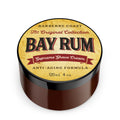 Bay Rum Supreme Shaving Cream by Barberry Coast. Handcrafted with Authentic Dominica Bay Leaf Oil (Pimenta Racemosa). Age defense and anti-aging formula. Amber color Jar with black cap. 4 ounce, 120 ml size. White background.