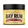 Bay Rum Supreme Shaving Cream by Barberry Coast. Handcrafted with Authentic Dominica Bay Leaf Oil (Pimenta Racemosa). Age defense and anti-aging formula. Black Jar. 4 ounce, 120 ml size. White background.