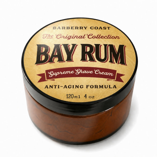 Bay Rum Supreme Shaving Cream by Barberry Coast. Handcrafted with Authentic Dominica Bay Leaf Oil (Pimenta Racemosa). Age defense and anti-aging formula. Amber color Jar with black cap. 4 ounce, 120 ml size. White background.