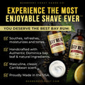 Bay Rum Aftershave Balm Lotion by Barberry Coast Shave. Experience the most enjoyable shave ever. You deserve the best bay rum. Infographic with bullet points about the benefits of bay rum from Dominica. Made in the USA. Natural and organic ingredients.