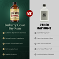 Comparison chart of Barberry Coast Bay Rum and other bay rums on a green and gray background.