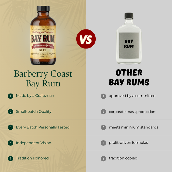 Comparison chart between Barberry Coast Bay Rum and other bay rums on a beige and gray background.