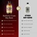 Comparison between Barberry Coast Bay Rum and other bay rums on a dark and light gray background.