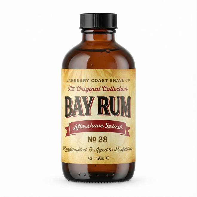 Amber bottle of Bay Rum aftershave splash with a yellow label on a white background. Barberry Coast
