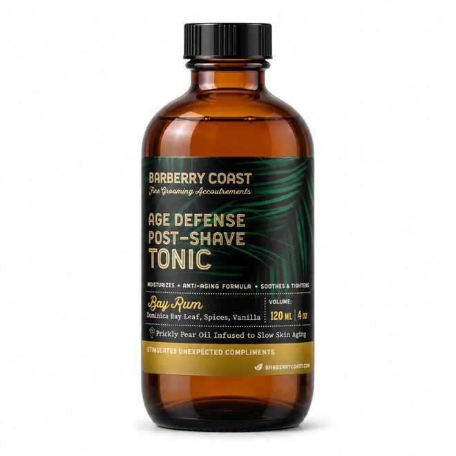Barberry Coast Bay Rum Age Defense Tonic in a 4 oz amber bottle with a black cap, dark green palm-leaf label and gold accent band, on a white background.