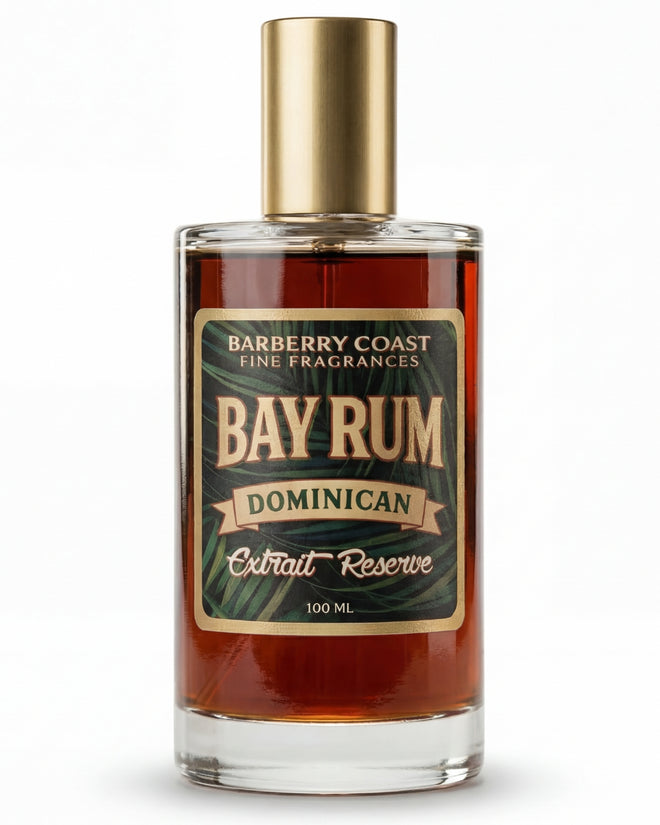 A bottle of Bay Rum Dominican Extrait Reserve by Barberry Coast Fine Fragrances, with top notes of citrus and fresh spice, middle notes of Dominican bay leaf, and base notes of tonka bean, musk, and warm spice.