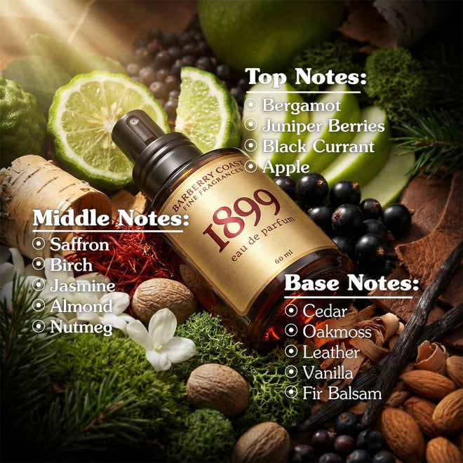 Bottle of 1899 eau de parfum on a bed of ingredients and text overlay of top, middle, and base notes
