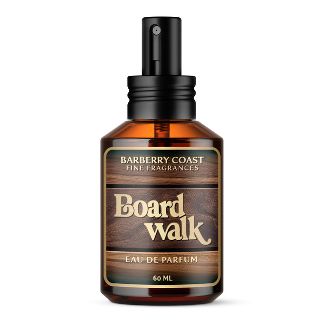 Perfume bottle labeled 'Board Walk' by Barberry Coast on a white background