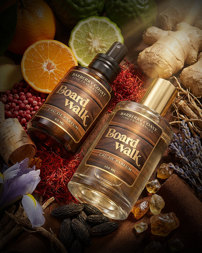 Two Boardwalk Eau de Parfum cologne bottles surrounded by natural elements like oranges, limes, and spices.