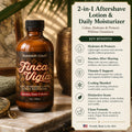 Barberry Coast Finca Vigía 2-in-1 Aftershave Lotion & Daily Moisturizer bottle in a warm tropical grooming scene with benefit text. Text on image reads: “Calms, Hydrates & Protects Without Greasiness,” “Hydrates & Protects,” “Soothes After Shaving,” “Vitamin E Support,” “Cooling Menthol,” “Distinctive Scent,” “Clean Formula,” and “Proudly Made in the USA.”