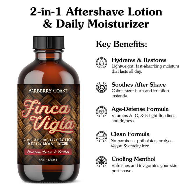 A bottle of Barberry Coast Finca Vigia Aftershave Lotion with a clear amber glass packaging and a black cap. The label features green leaf graphics and displays the product name and scent profile on white background with list of key benefits