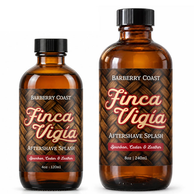 Barberry Coast Finca Vigía Aftershave Splash in 4 oz and larger 8 oz amber bottles, side by side on a white background.