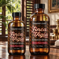 Barberry Coast Finca Vigía Aftershave Splash in 4 oz and larger 8 oz amber bottles, side by side on a wooden vanity, with sunlight and tropical greenery visible through the clear liquid.
