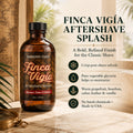 Barberry Coast Finca Vigía Aftershave Splash bottle displayed on a marble surface in a warm tropical setting with benefit text alongside it. Text on image reads: “Finca Vigía Aftershave Splash,” “A Bold, Refined Finish for the Classic Shave,” “Crisp post-shave refresh,” “Pure vegetable glycerin helps re-moisturize,” “Warm grapefruit, bourbon, cedar, leather & vanilla,” and “No harsh chemicals • Made in USA.”