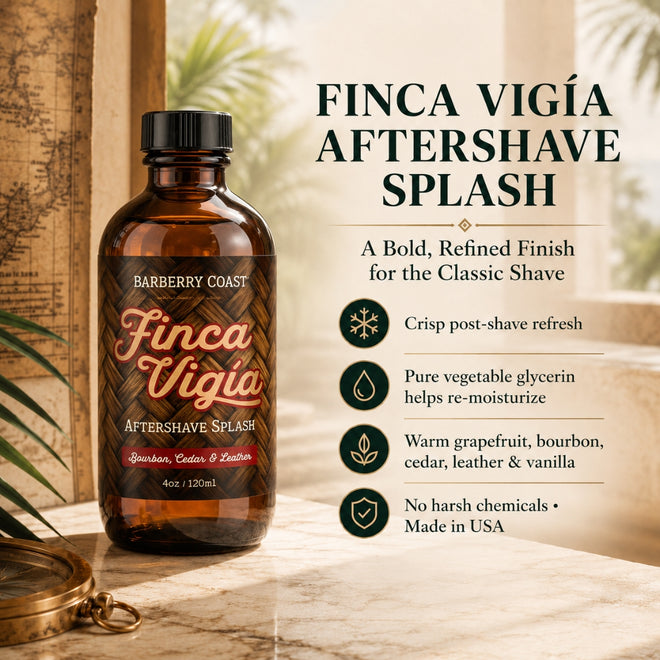 Barberry Coast Finca Vigía Aftershave Splash bottle displayed on a marble surface in a warm tropical setting with benefit text alongside it. Text on image reads: “Finca Vigía Aftershave Splash,” “A Bold, Refined Finish for the Classic Shave,” “Crisp post-shave refresh,” “Pure vegetable glycerin helps re-moisturize,” “Warm grapefruit, bourbon, cedar, leather & vanilla,” and “No harsh chemicals • Made in USA.”