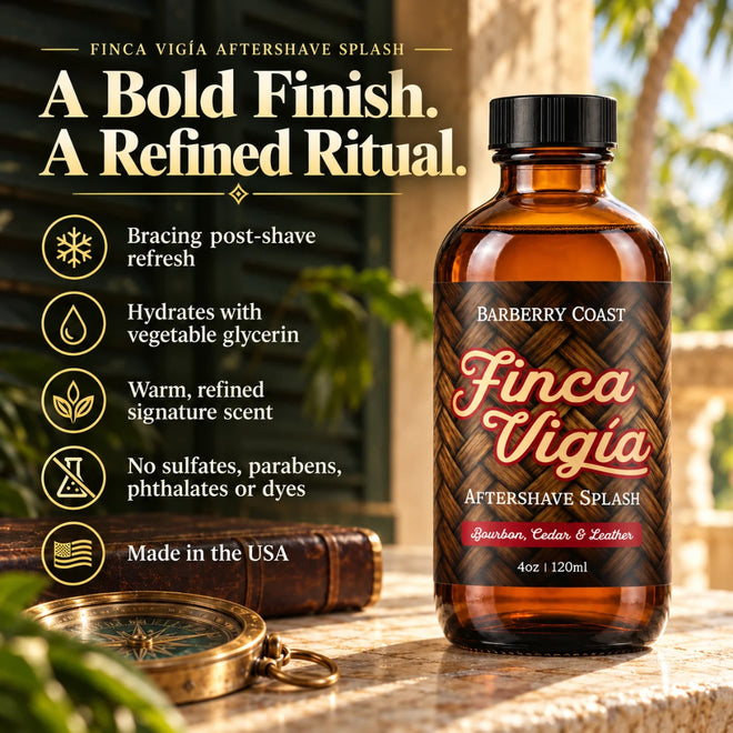 Barberry Coast Finca Vigía Aftershave Splash in an amber bottle on a sunlit stone veranda, with green shutters, a brass compass and gold icons highlighting its post-shave benefits.