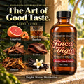 Barberry Coast Finca Vigía Aftershave Splash in an amber bottle on a tropical veranda, with illustrated scent notes of bourbon, grapefruit, leather, tobacco, cedarwood and vanilla.