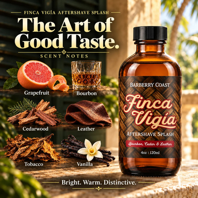Barberry Coast Finca Vigía Aftershave Splash in an amber bottle on a tropical veranda, with illustrated scent notes of bourbon, grapefruit, leather, tobacco, cedarwood and vanilla.
