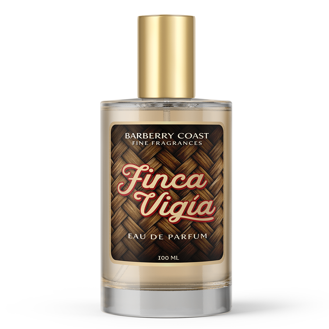 Finca Vigia Eau de Perfume Cologne by Barberry Coast. Large 100ml clear cologne bottle with a gold atomizer sprayer cap. Lookout home in Havana, Cuba.