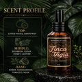 Barberry Coast Finca Vigía Eau de Parfum cologne bottle in a lush tropical setting with dark green leaves, wet stone, warm amber glass, and a visible liquid line. Text on image reads: “Scent Profile. Top: Citrus Notes, Grapefruit. Middle: Bourbon, Cedar, Honey, Leather. Base: Amber, Sandalwood, Tobacco, Musk.”